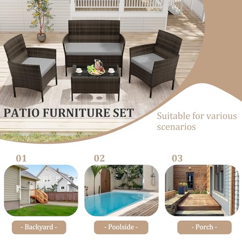 4 Piece Patio Furniture Set, Outdoor Rattan Conversation Set with Loveseat, Wicker Chairs, Tempered Glass Coffee Table, Wicker Patio Set for Backyard, Porch (Grey)
