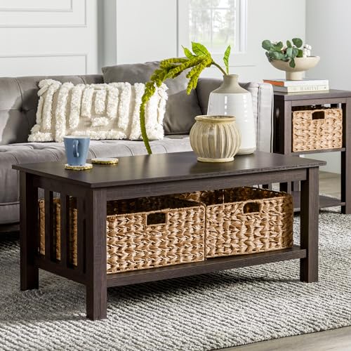 Alayna Mission Style Two Tier Coffee Table with Rattan Storage Baskets, 40 Inch, Espresso