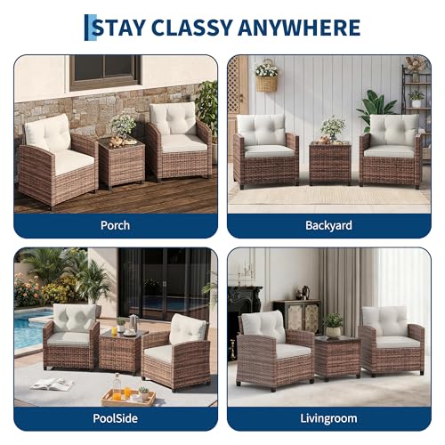 Outdoor Wicker Chairs,3 Pieces Patio Furniture Set,All Weather High Back Rattan Chairs w/Washable Cushion and Tempered Glass Tabletop for Deck Porch Balcony Backyard Garden,Brown & Beige