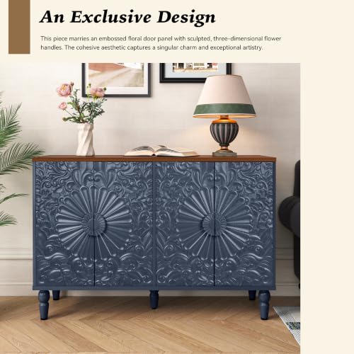 Blue Sideboard Buffet Cabinet with Embossed Floral Doors, view 7