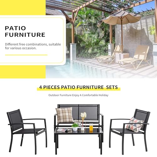 4 Pieces Patio Furniture Set All Weather Textile Fabric Outdoor Conversation Set, with Glass Coffee Table, Loveseat, 2 Single Chairs for Home, Garden, Lawn, Porch(Black)