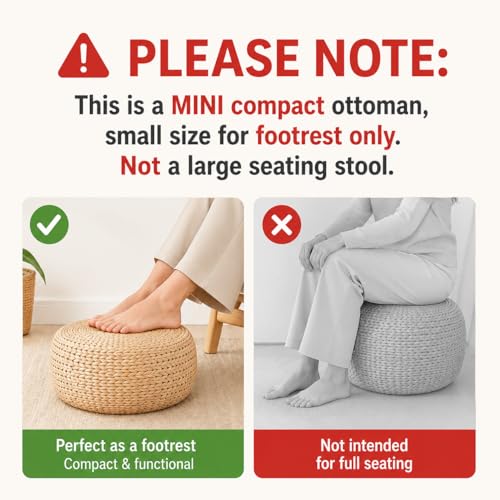 Small Straw Round Pouf Ottoman, Natural Mini Solid Wood Footrest, Boho Low Tatami Footstool for Living Room Bedroom Patio, 12.2"×12.2"×8.7", Ideal for Foot Rest