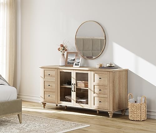 Farmhouse TV Stand for TVs Up to 65 inch, Wood TV Console Table with Storage Cabinets & Glass Door, Entertainment Center for 32-75 inch TV Console Cabinet, 58", Oak