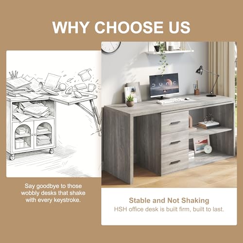 L Shaped Office Desk with Drawers Shelves 55-76 Inch, Corner Computer Desk with Storage 360 Rotating Long for Work, Executive, Study, Writing, Teacher, Bedroom Modern Gaming Table, Light Grey