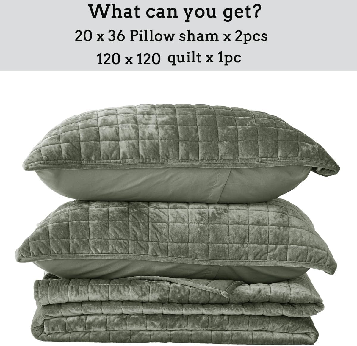 Quilt Set Oversized King Size 120X120 Luxurious Velvet Bedding Sets with 2 Pillow Shams 20X36 3 Pieces Ultra Soft Quilted Bedspread Coverlet Comforter for All Season,Army Green