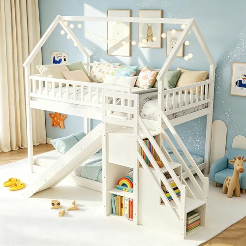 House Bunk Bed Twin Over Twin with Slide & Stairs, Wood Bunk Bed with Storage Shelves, No Box Spring Needed, Twin Floor Bed for Kids Teens Boys Girls (White)