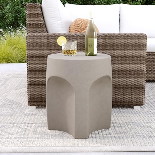 Concrete Side Table Drum Shape,17''H Outdoor Side Table, Patio Accent Table Cement End Tables, Garden Decorative Stool, Plant Stand Drum Table, Grey