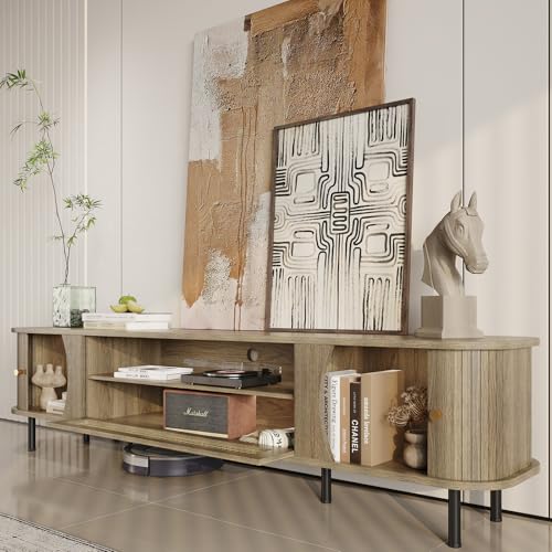 79"Fluted TV Stand with Sliding Doors, TV Consoles for Living Room,Oak, view 6