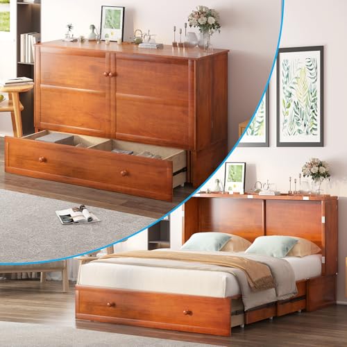 Queen Size Murphy Bed Cabinet with Tri-Fold Mattress Not Included, Wooden Cabinet Bed with Built-in USB Charging Station and 2 Storage Drawers, Cube Chest Beds for Office Guest Room, Cherry