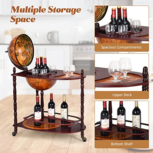 Retro Globe Bar Cart, 34.5" Mobile Liquor Cabinet with Wheels, Storage Shelves, Antique World Map Design, Mid-Century Italian Style Wine & Spirits Display Stand for Dining Room, Pub