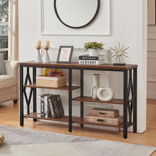 Console Sofa Table, Rustic Entryway Table with Metal Frame and Open Shelves, Industrial Hallway Table with 3 Tier for Entry, Living Room, Foyer,Brown,47 inch