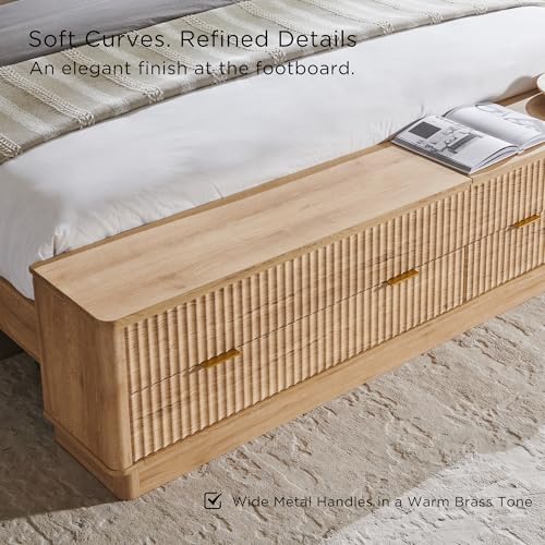 Natural oak fluted king bed with wingback headboard and storage bench, view 7