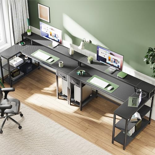 53 inch Reversible L Shaped Desk with LED Lights & Power Outlets, Computer Desk with Shelves & Monitor Stand, Gaming Desk with Drawer, Home Office Desk, Carbon Fiber Black