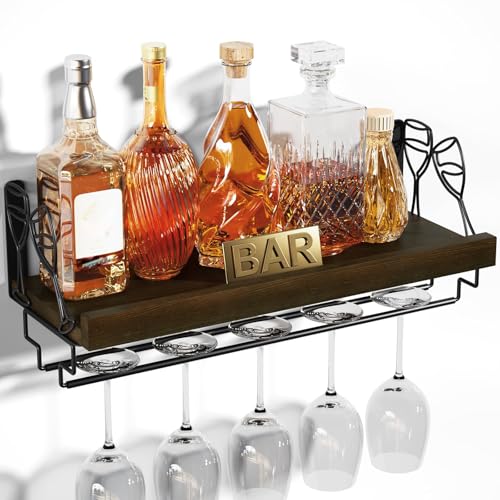 Wine Rack with Stemware Hanger,Solid Wood,17inch,Dark Brown | Wine Glass Rack,Floating Wall Shelf,Easy to Install,40 Lbs/shelf,For Kitchen,Dinning Room,Home Bar,Living Room,Elegant Design