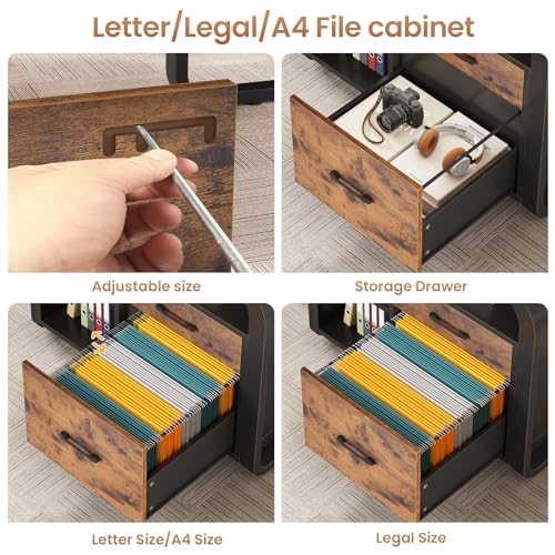 61 Inch Executive Desk, Large Office Desk with File Drawer, L Shaped Desk with Drawers, Computer Desk with Mobile CPU Stand, Storage Shelves, Power Outlets for Home Office, Rustic Brown
