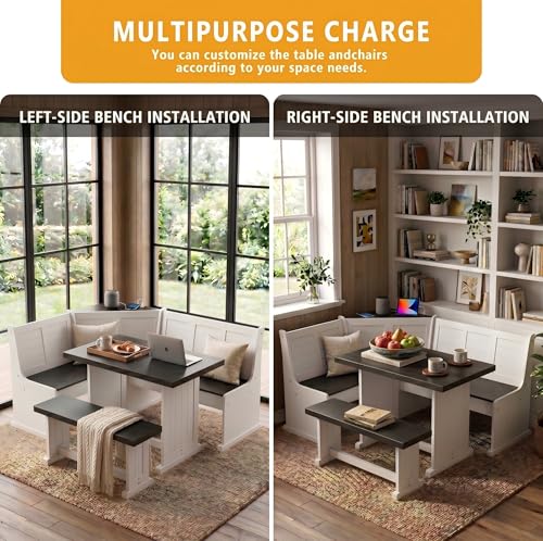 Corner Breakfast Nook Dining Set with Storage, L-Shape Kitchen Table with 2 AC Outlets, Space-Saving Bench Seats 5, Scratch & Heat Resistant