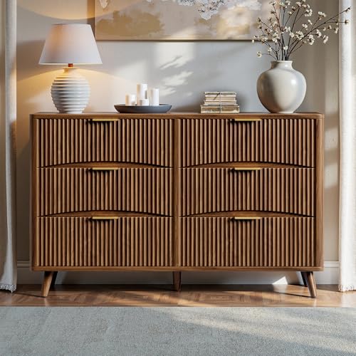 54" Wide Fluted 6 Drawer Dresser, Mid Century Modern Curved Dresser, Light Wood Chest of Drawers for Bedroom, Living Room and Entryway, Walnut