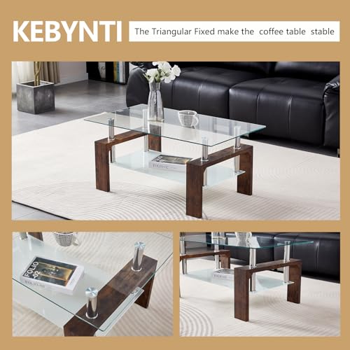 Coffee Table - Rectangle Glass Coffee Table with Simple and Classical Inspired Design, Easy Assembly for Modern Living, 39.5 * 23.5 * 17.5 inches (Brown)