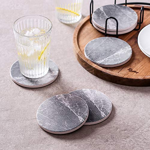 Coasters for Drinks Absorbent, Living Room Decor, Ceramic Coasters Set of 6 with Cork Base, Protect Wooden Table or Furniture from Scratched, Drink Coasters with Holder - Grey