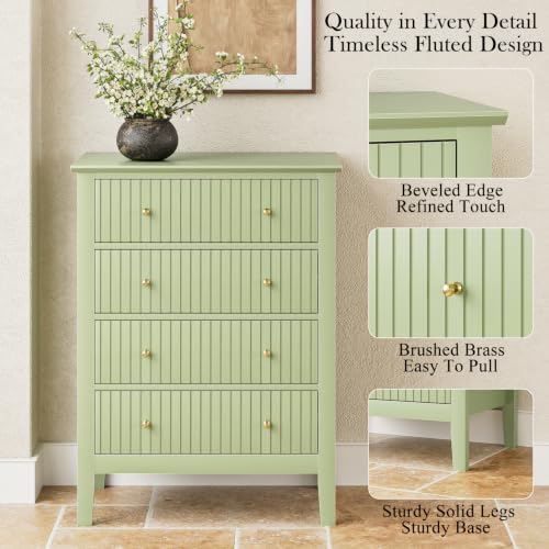 Night Stand, Fluted 4 Drawer Wide Farmhouse Nightstand with Gold Handle, view 7