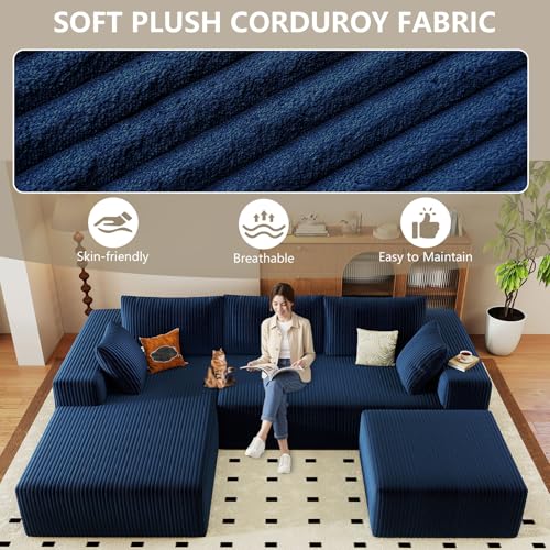 96" Cloud Sectional Couch with U-Shaped Chaise, Corduroy Sectional Sofa with Ottoman, Boneless Couch with Deep Seat in a Box for Living Room, No Assembly Required (Blue, Left Facing Chaise)