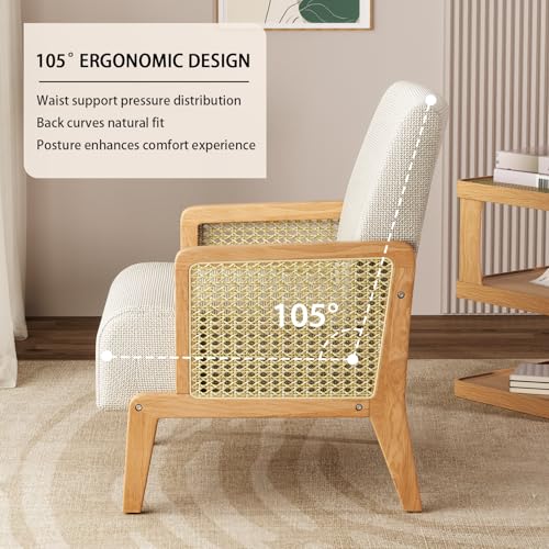 Modern Accent Chair with Rattan Armrest, Linen Fabric Arm Chair with Ash Wood Legs, White Accent Chair for Living Room, Bedroom, Balcony