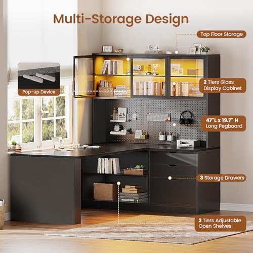 L Shaped Computer Desk, L Shaped Corner Gaming Desk with 3 Wood Drawer and Large Bookshelf, Home Office Desk with LED Light, Display Cabinet and Pegboard, 27.5" W Large Desktop Table, Black