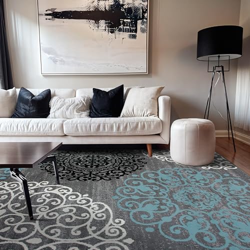 Modern Floral Scroll Area Rug, Fade-Resistant Carpet for Bedroom, Office, or Living Room, Gray, 6'6" x 9'