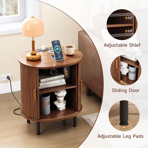 Oval End Table with Storage & Charging Station, Fluted Accent Side Table with Sliding Door & Adjustable Shelf, Mid-Century Modern Nightstand Set of 2 for Living Room, Bedroom, Walnut(2-Pack)