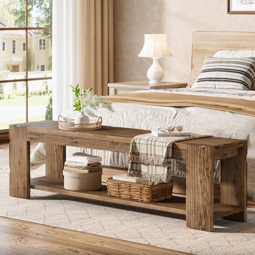 Solid Wood Entryway Bench with Storage Shelf, 55.12-Inch 2-Tier Wood Shoe Bench Seating for Entrance, Hallway, Dining Room, Living Room, Mudroom, Bedroom, Rustic Brown
