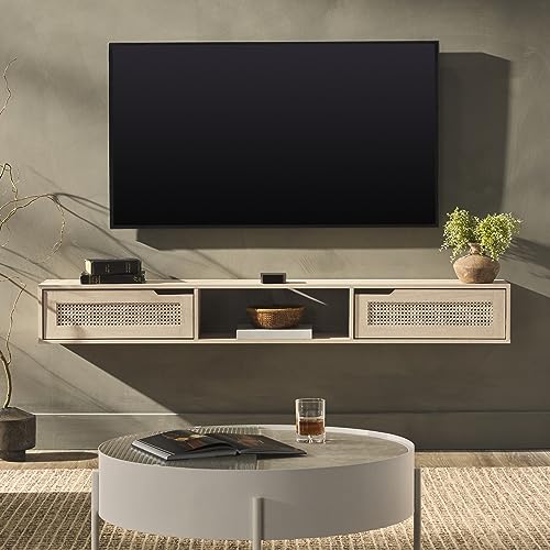 Destin Modern Rattan Flip-Down-Door Wall-Mounted Floating TV Stand for TVs up to 65 Inches, 58 Inch, Coastal Oak