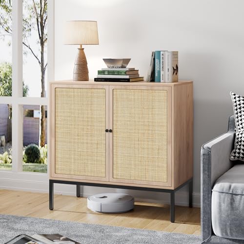 Set of 2 Sideboard Buffet Cabinet with Natural Rattan Decorated Doors, 63" W Rattan Cabinet, Console Storage Cabinet, Boho Credenza for Living Room, Entryway, Dining Room/Square Doors