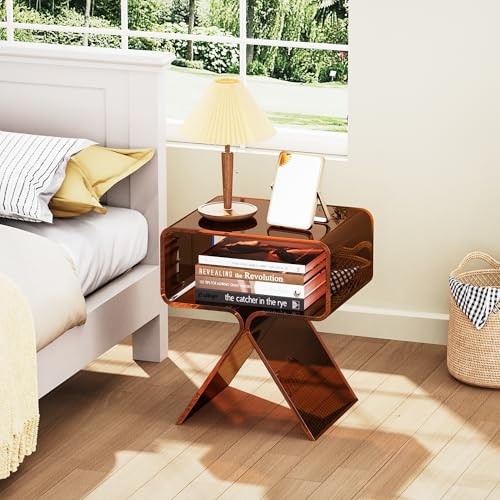 Acrylic Nightstand Side Table Modern Design Clear Home Decor Display End Table for Living Room (Dark Brown)
