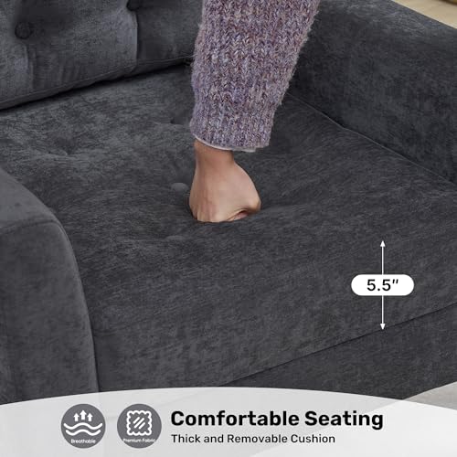 Accent Chair for Living Room, Mid Century Modern Reading Chair, Upholstered Armchair with Tufted Back & Wood Legs, Single Sofa Side Chair for Bedroom Small Room Office Apartment, Dark Grey
