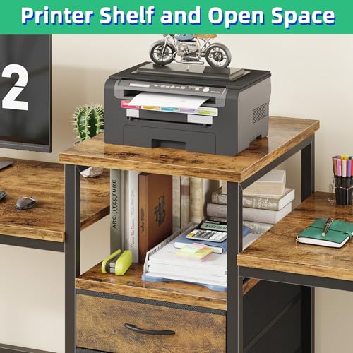 93'' Two Person Desk with Charging Station, Long Desk with 3 Drawers and Printer Shelf, Double Computer Desk, 2 Person Writing Study Table Workstation for Home Office, Rustic Brown