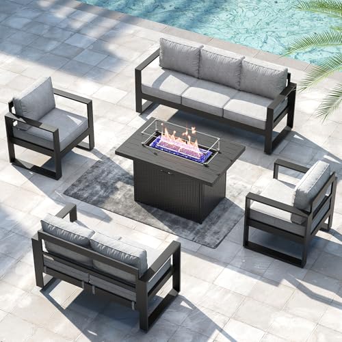 5 Pieces Aluminum Outdoor Patio Furniture Set, Metal Modern Conversation Sofa Set with Fire Pit Table and Washable Thick Cushions for Porch, Backyard, Deck