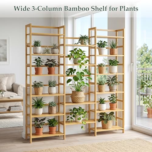 Bamboo Bookshelf, 71” Tall Triple Wide Bookcase with 17 Open Storage Shelves, 6-Tier Etagere with Back Rails, Large Display Shelf for Books, Plants, Home Office, Living Room, Max Load 748LBS