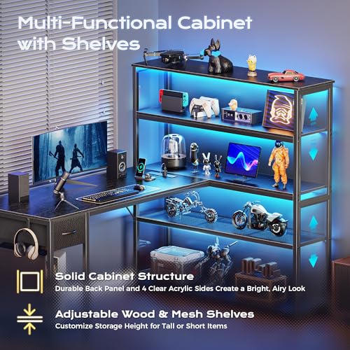 57 Inch L Shaped Gaming Computer Desk with Larger Open Cabinet, Reverisble Office Desk with Power Outlets, LED Lights, Work Desk, Fabric Drawer, Adjustable Wood and Mesh Shelf, Black