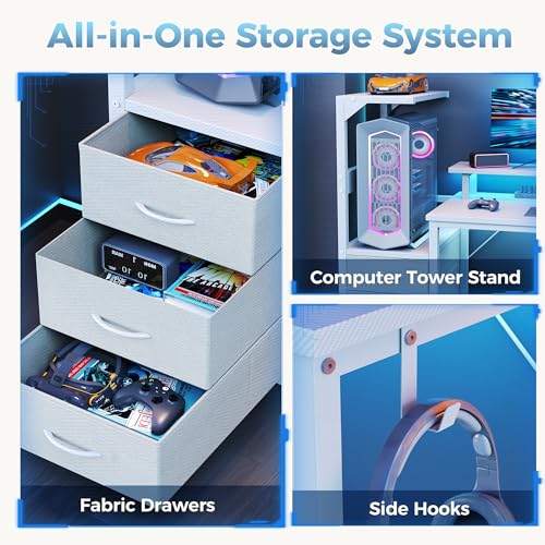 L Shaped Gaming Desk with Shelves Storage Drawers 59'', White Computer Desks with LED Lights Power Outlets, Office Wood Table with PC Stand Cable Management for Bedroom Dual Monitor Streaming