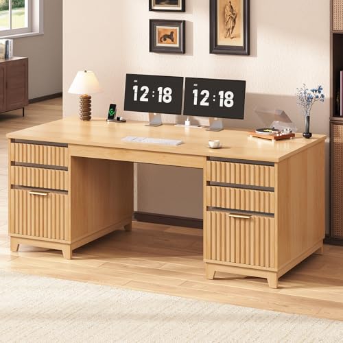55.1" Fluted Office Desk with 6 Drawers, Modern Executive Desk with Acrylic File Drawers, Computer Desk with Power outlets for Home Office and Study, Natural