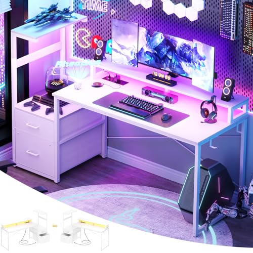Gaming Desk with LED Strip & Power Outlet, 59Inch Reversible Computer Desk with Monitor Stand & Storage Shelves, Home Office Desks with Fabric File Drawer, Gamer Table PC Desk, White