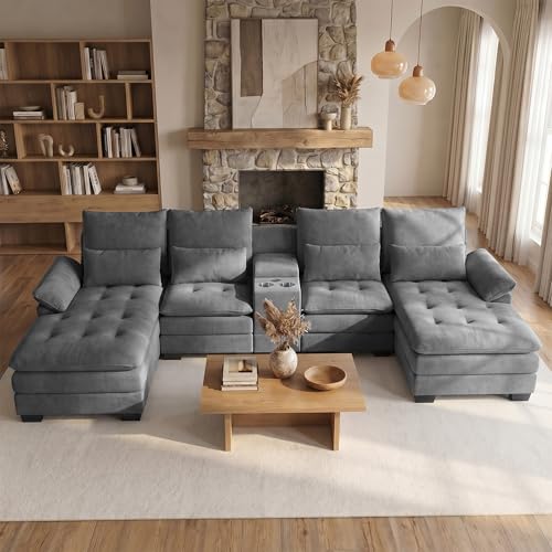 134" Oversized Grey Sectional Couches for Living Room,Fluffy Couch with Chaise Lounge&Tufted Buttons, U Shaped Living Room Sofa Set Furniture,Chenille 6 Seater Couch with Storage Console