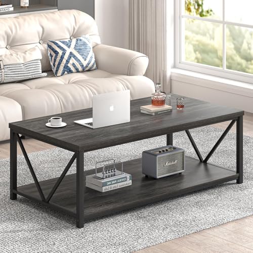 Industrial Coffee Table with Storage Shelf, Modern Rustic Wooden and Metal Rectangle Center Table for Living Room, Dark Gray, 47 Inch