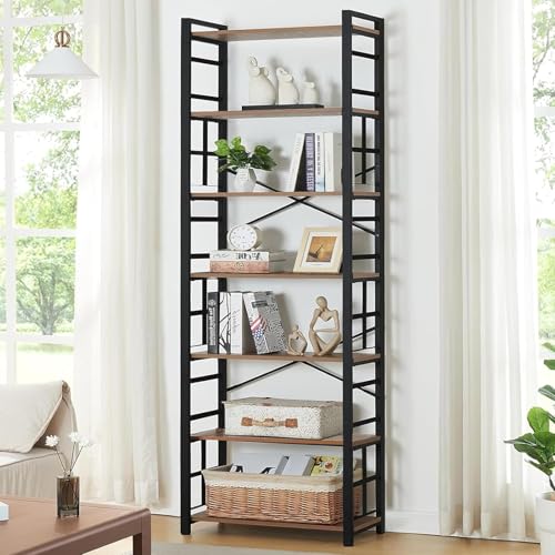 7 Tier Bookshelf,84 inch Tall Industrial Bookcase with Metal Frame and Open Shelves,Rustic Heavy Duty 7 Shelf Bookcase, Office Book Shelves for Living Room and Bedroom,Brown