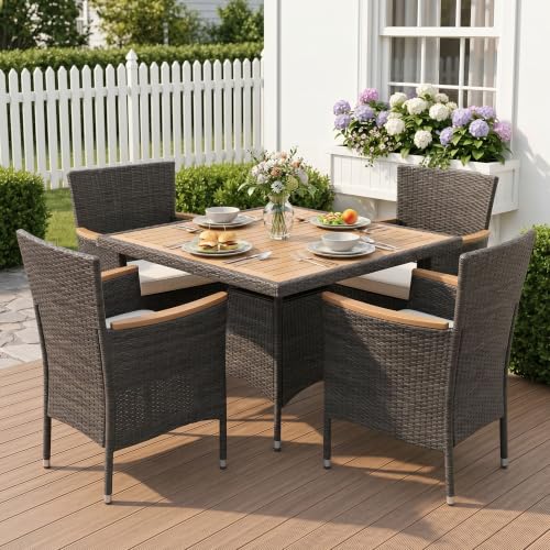 5-Pieces Patio Table and Chairs Set, Rattan Patio Table Set with Acacia Wood Tabletop, Patio Outdoor Dining Set for 4, Patio Furniture Set with Cushions for Deck Garden Backyard, Grey
