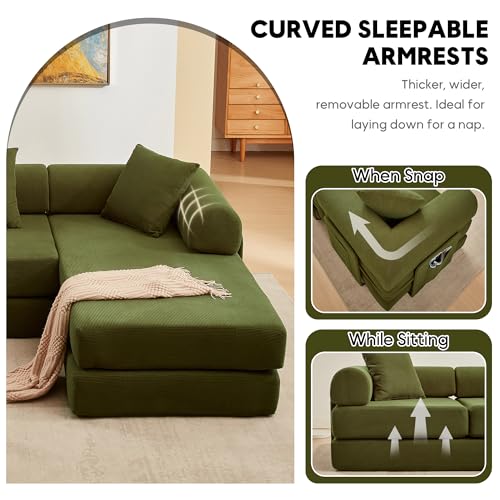 L Shaped Modular Sofa Bed with Cylindrical Pillow & Reversible Chaise, Corduroy Folding Floor Convertible Sofa Couch Bed with Fixed-Shape Frame & Storage Pocket for Living Room, Green