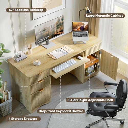 63 Inch Home Office Desk with Drawers, Fluted Executive Desk with Ample File Drawer, Keyboard Tray & Storage Cabinet for Study, Living Room, Bedroom, Natural Oak