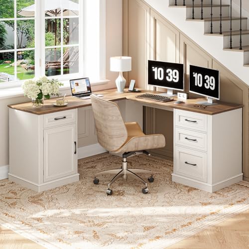 Farmhouse 59" L-Shaped Executive Desk with Drawers, Wood Home Office Corner Desk with Charging Station, File Drawer, Storage Cabinet, Rustic Computer Writing Desk for Home Office (Unique White)