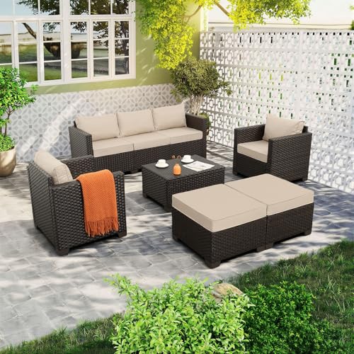 6 Pieces Patio Outdoor Furniture Outdoor Conversation Sets Wicker Sofa Set with Outdoor Couch Patio Chairs Storage Coffee Table Khaki Cushions Waterproof Covers