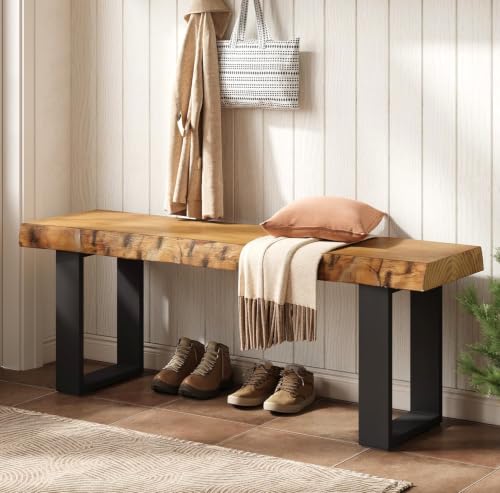 Solid Wood Dining Bench, 47'' Industrial Entryway Bench with Black Metal Legs, Narrow Long End of Bed Bench for Bedroom, Kitchen, Living Room, Hallway, Easy Assembly